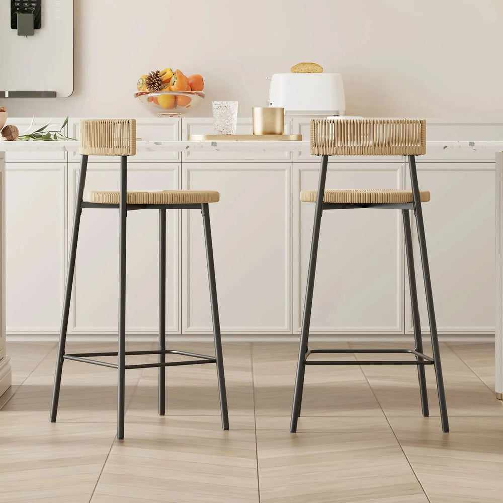 Bar Stools Paper Rope With Back Round Seat Footrest Set of 2 Black & Honey Media 4