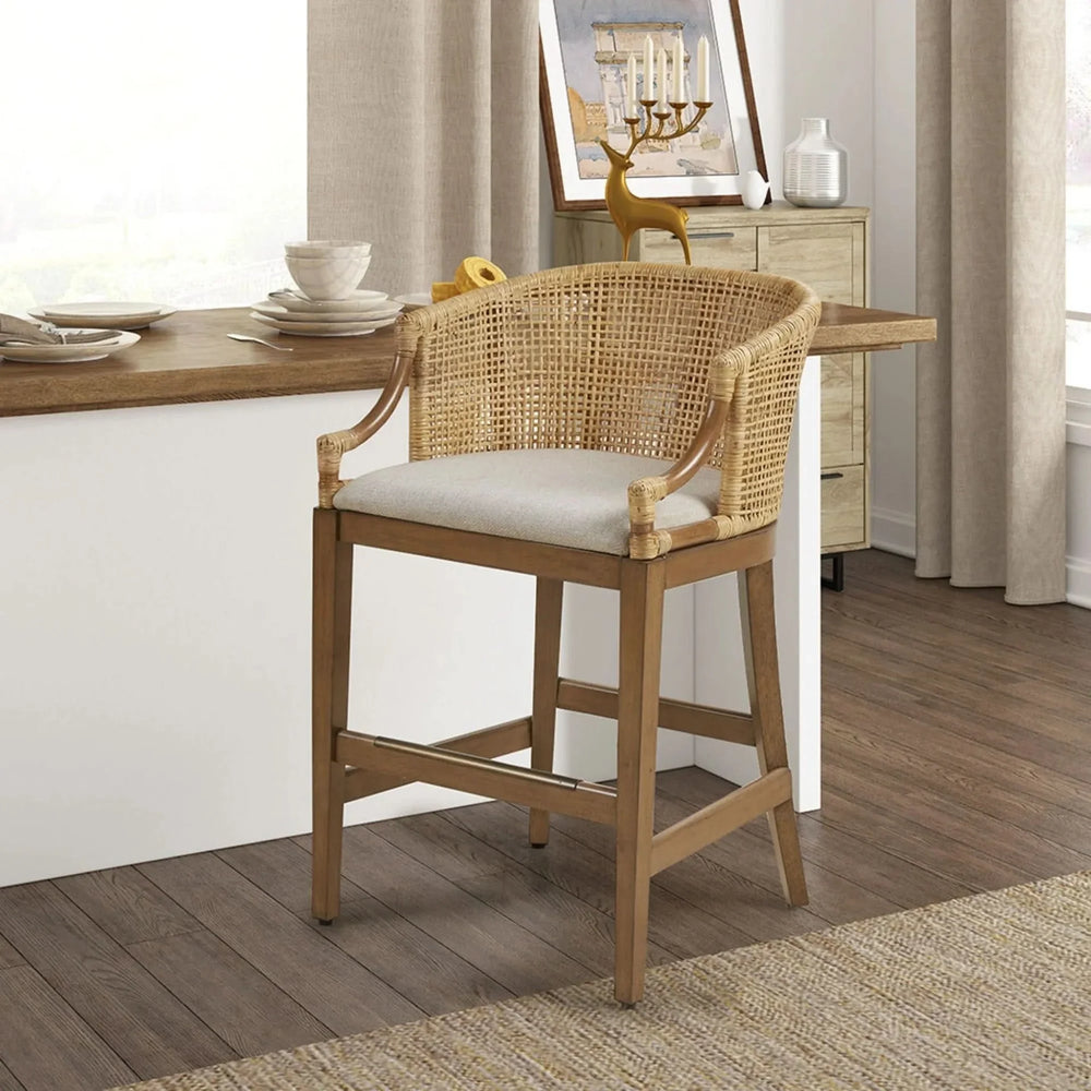 Handcrafted Rattan Counter Stool with Cushioned Seat in Natural Finish, 25' Height - DTY Store