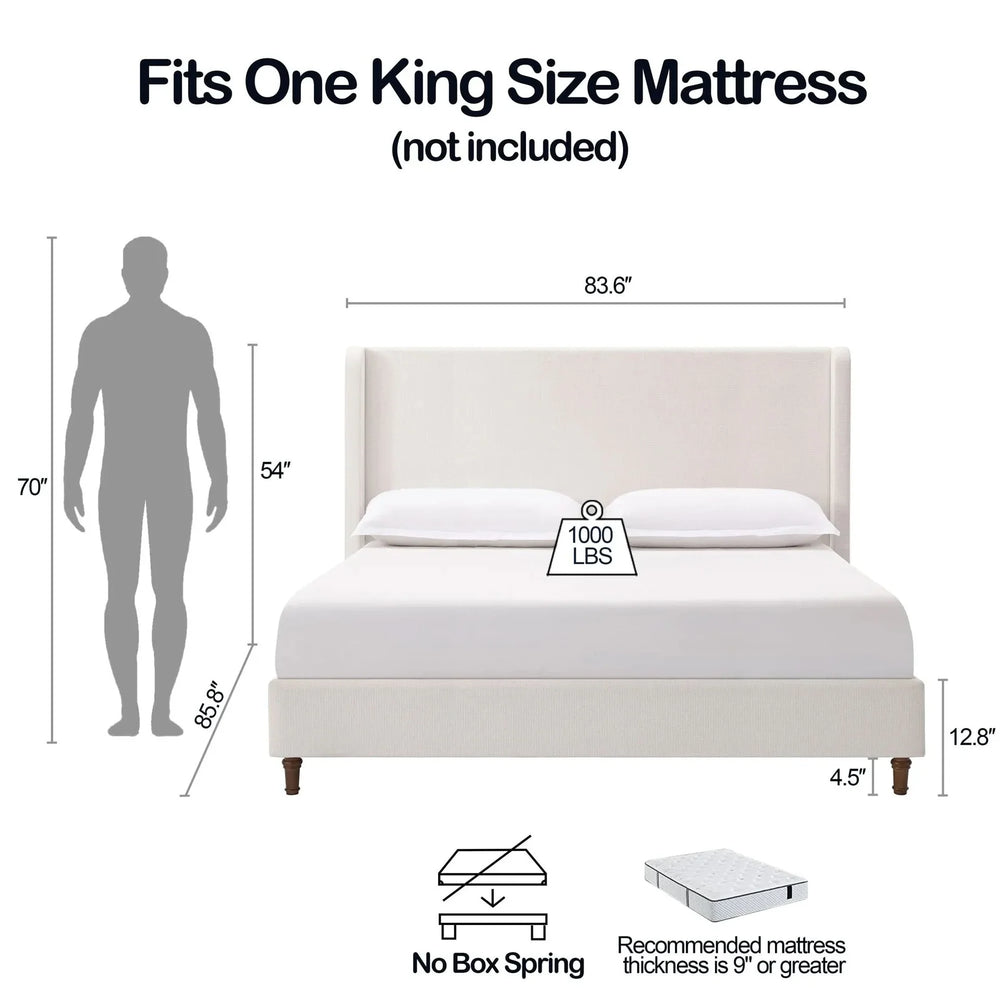 Harper Tall Headboard Upholstered Bed 54' High Headboard Elegant Simplicity Cream White Chenille King - DTY Store