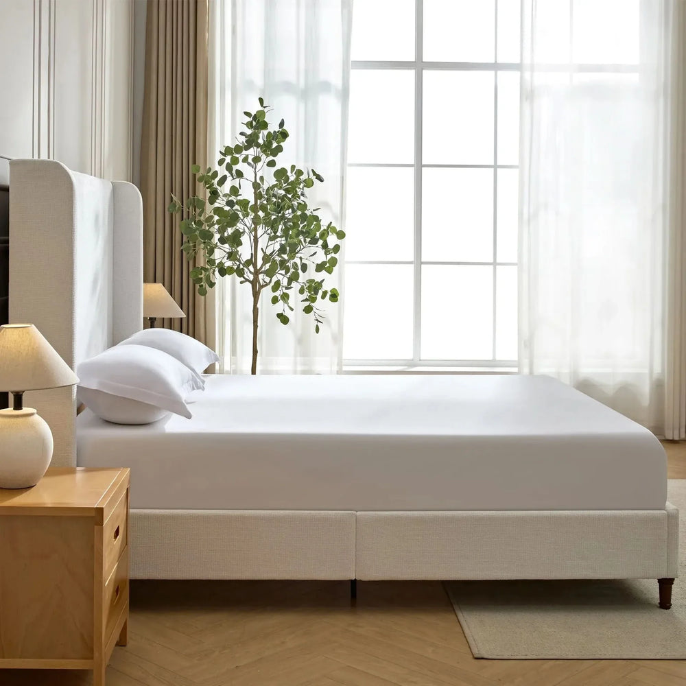 Upholstered Headboard Bed Frame Cream White Fabric & Metal Contemporary Media 6