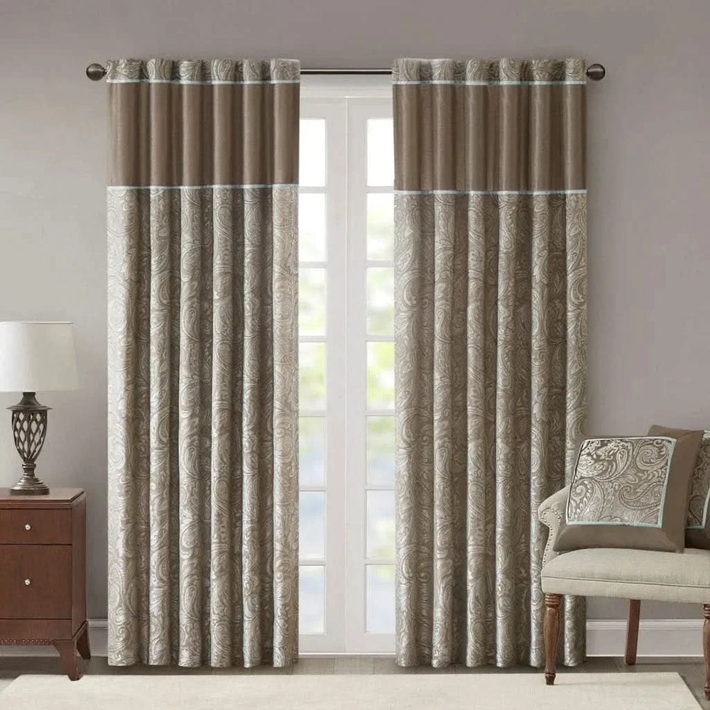 Jacquard Curtain Panels Polyester Blue & Brown Light Sheen Living Room Pair Media 12