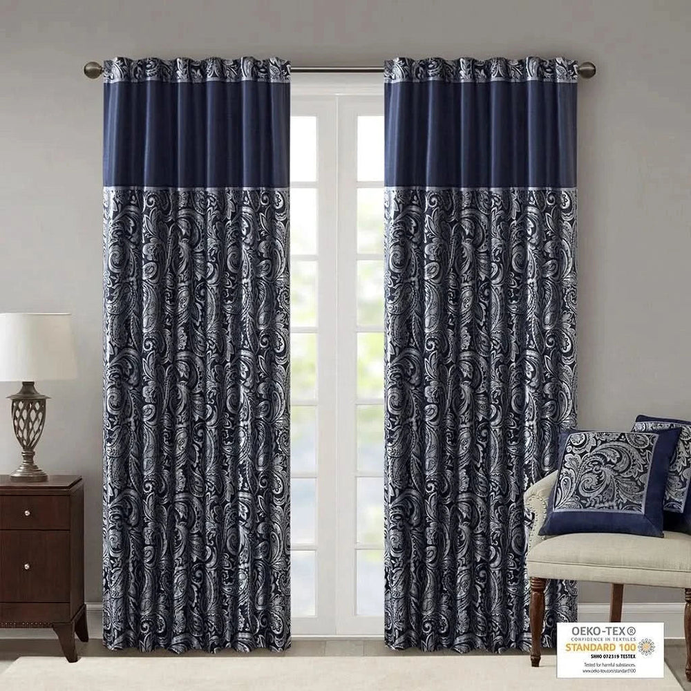 Jacquard Curtain Panel Pair Navy Polyester Light Sheen Window Panels Media 4