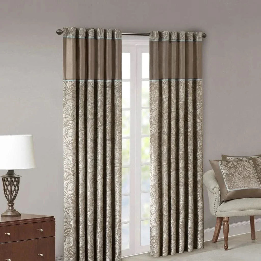 Jacquard Curtain Panels Polyester Blue & Brown Light Sheen Living Room Pair Media 15