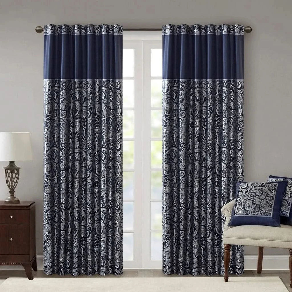 Jacquard Curtain Panel Pair Navy Polyester Light Sheen Window Panels Media 1