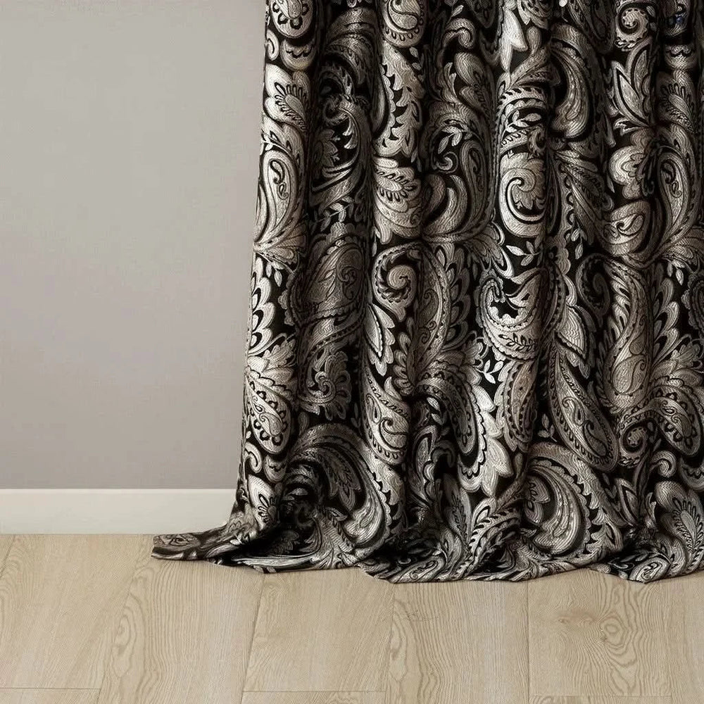 Jacquard Curtain Panels Polyester Faux Silk Light Sheen Black Two-Piece Media 13