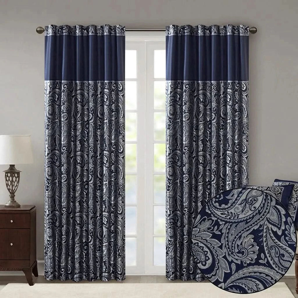 Jacquard Curtain Panel Pair Navy Polyester Light Sheen Window Panels Media 10
