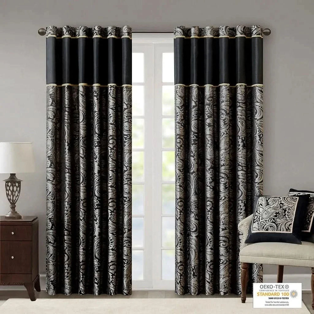Jacquard Curtain Panels Polyester Faux Silk Light Sheen Black Two-Piece Media 7