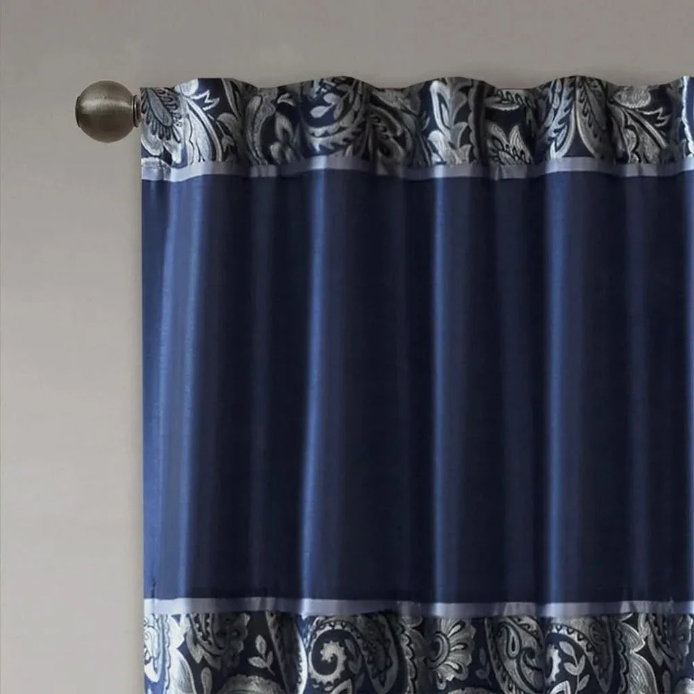 Jacquard Curtain Panel Pair Polyester Navy Faux Silk Sheen Finish Media 2