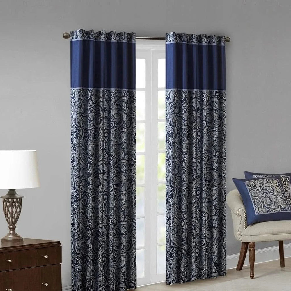 Jacquard Curtain Panel Pair Polyester Navy Faux Silk Sheen Finish Media 15