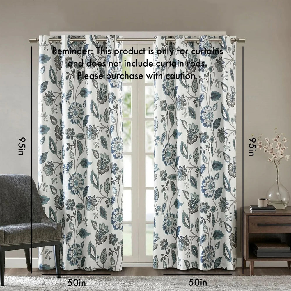 Curtain Panel Jacquard Polyester Room Darkening Aqua Floral Print Media 3