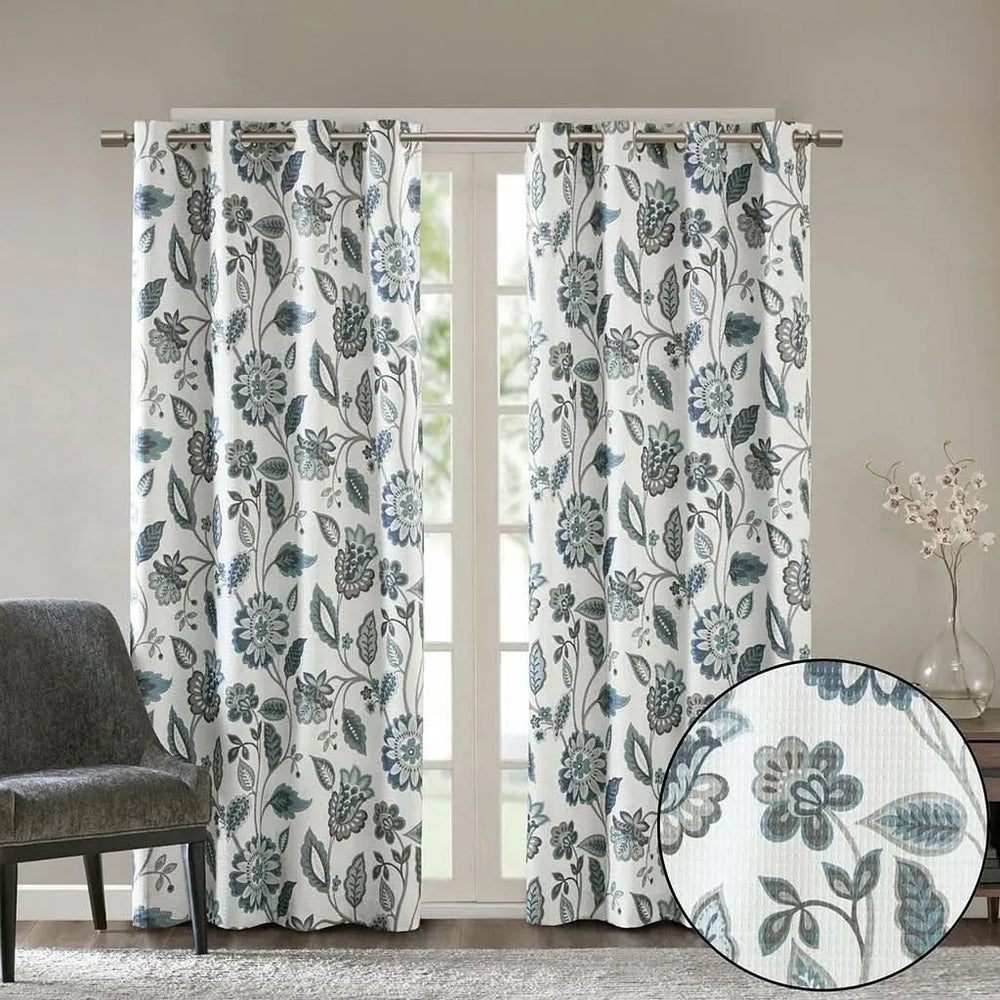 Room Darkening Curtains Jacquard Printed Polyester Aqua Floral Design Media 9