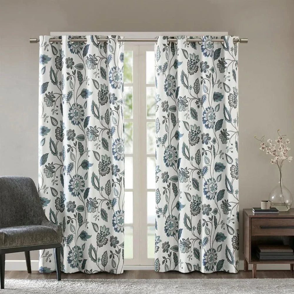 Room Darkening Curtains Jacquard Printed Polyester Aqua Floral Design Media 1