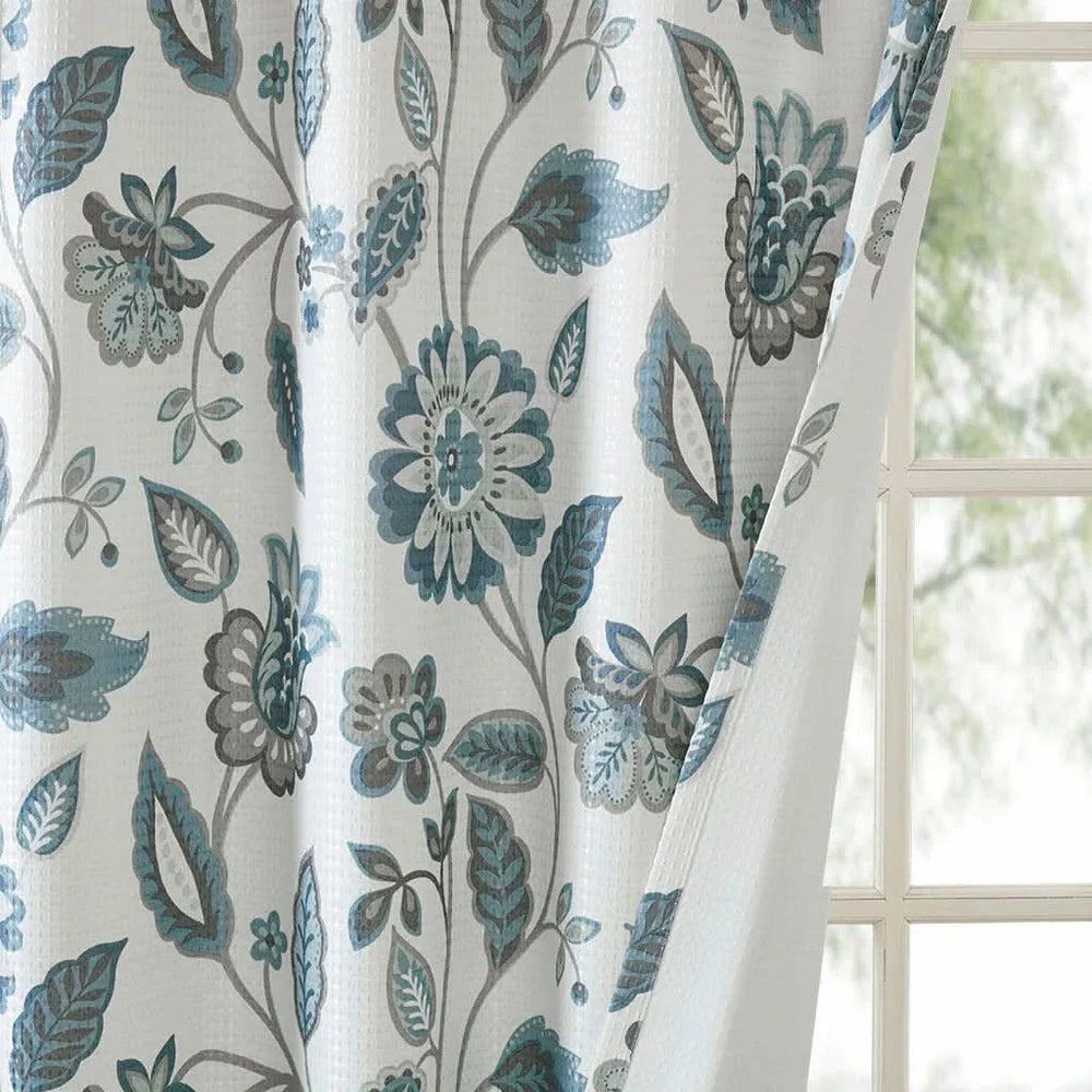 Room Darkening Curtains Jacquard Printed Polyester Aqua Floral Design Media 3