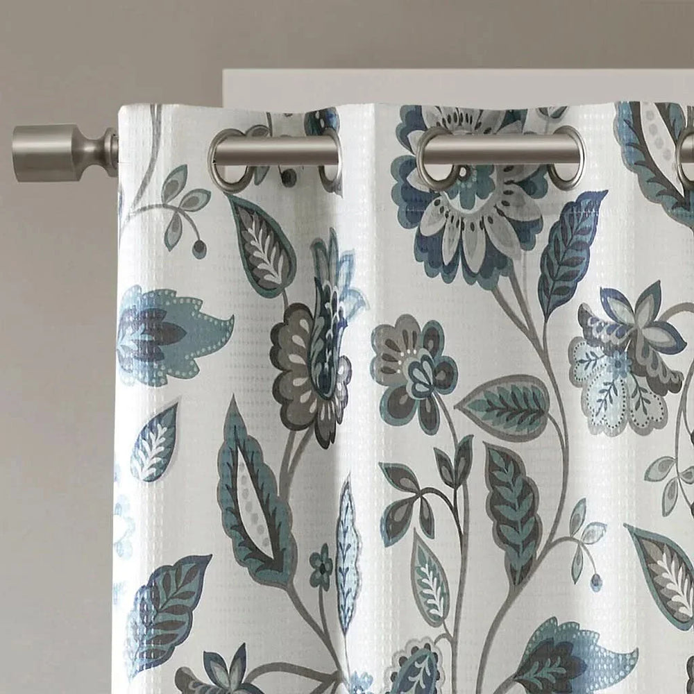 Curtain Panel Jacquard Polyester Room Darkening Aqua Floral Print Media 8