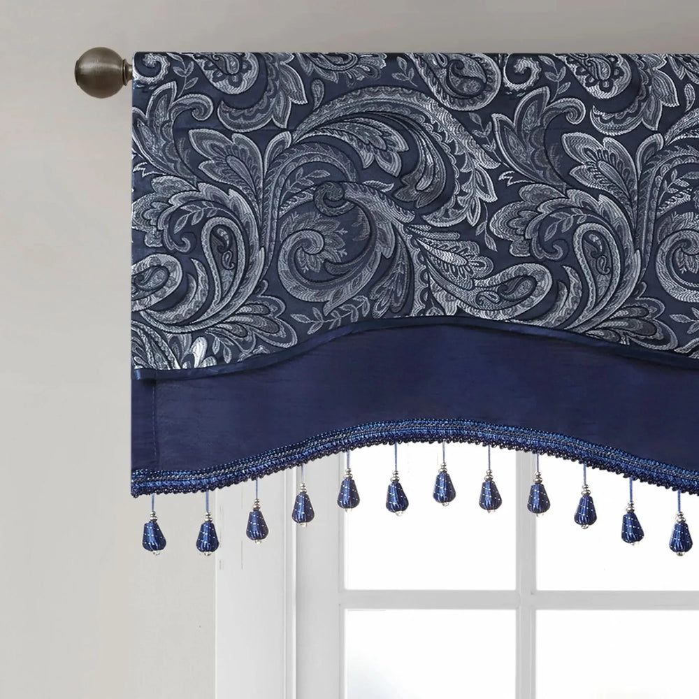 Jacquard Window Rod Pocket Valance Polyester Beaded Trim Navy 50x18 Media 6