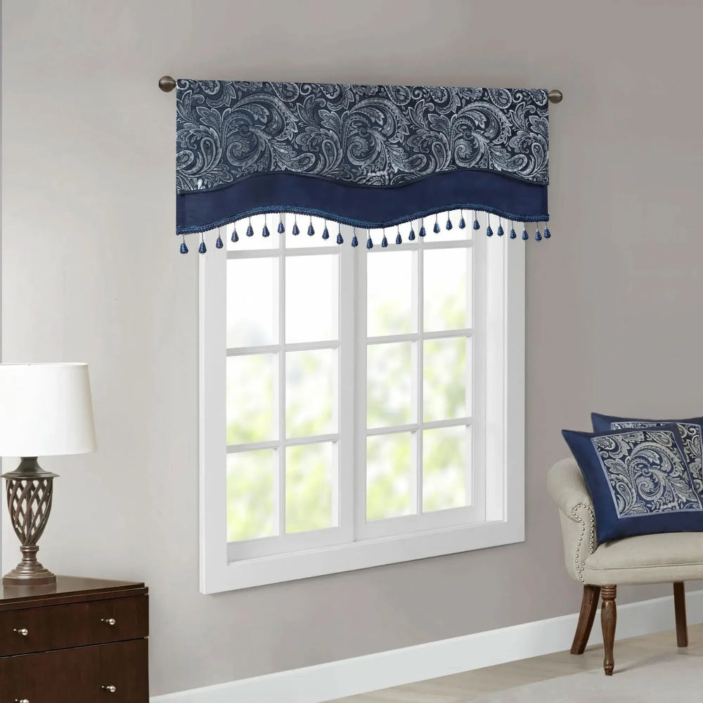 Jacquard Window Rod Pocket Valance Polyester Beaded Trim Navy 50x18 Media 2