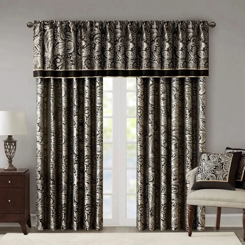 Jacquard Window Valance Polyester Paisley Design Black 50x18 Inches Media 3