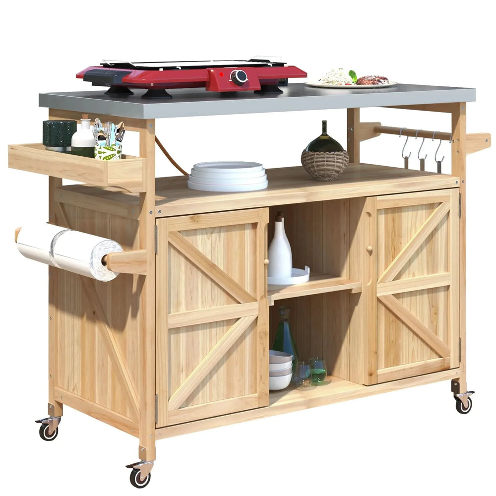 Outdoor Kitchen Island Solid Wood & Stainless Steel Top Rolling Cart Media 10