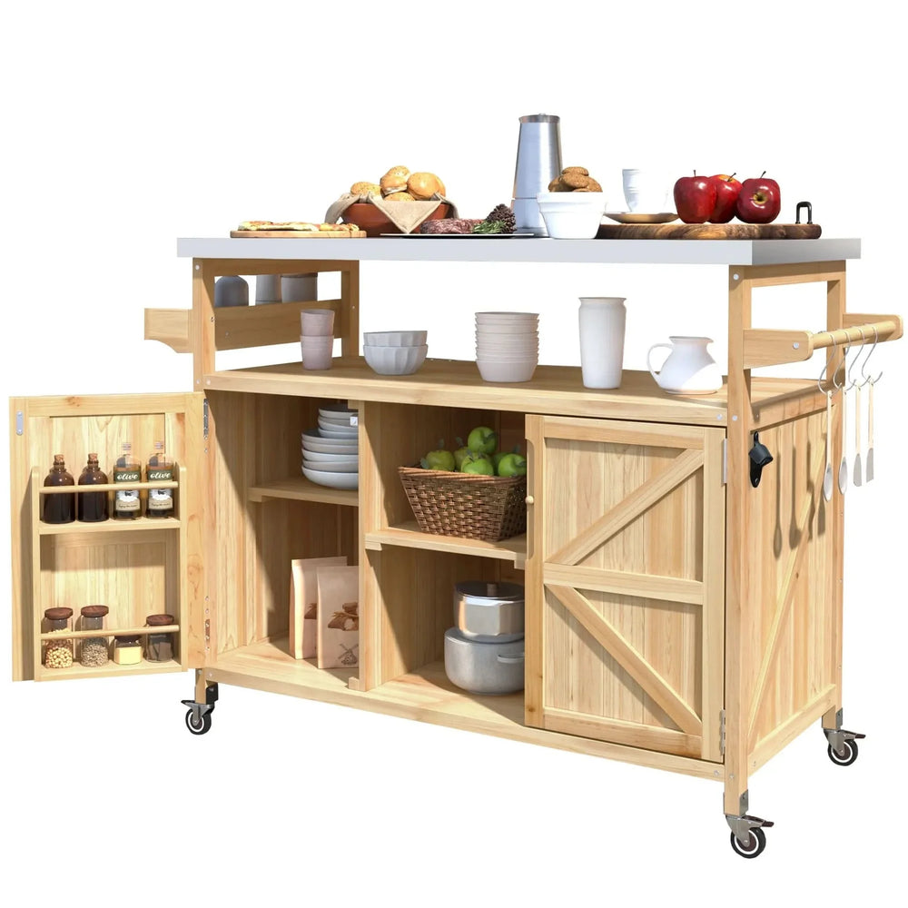 Outdoor Kitchen Island Solid Wood & Stainless Steel Top Rolling Cart Media 11