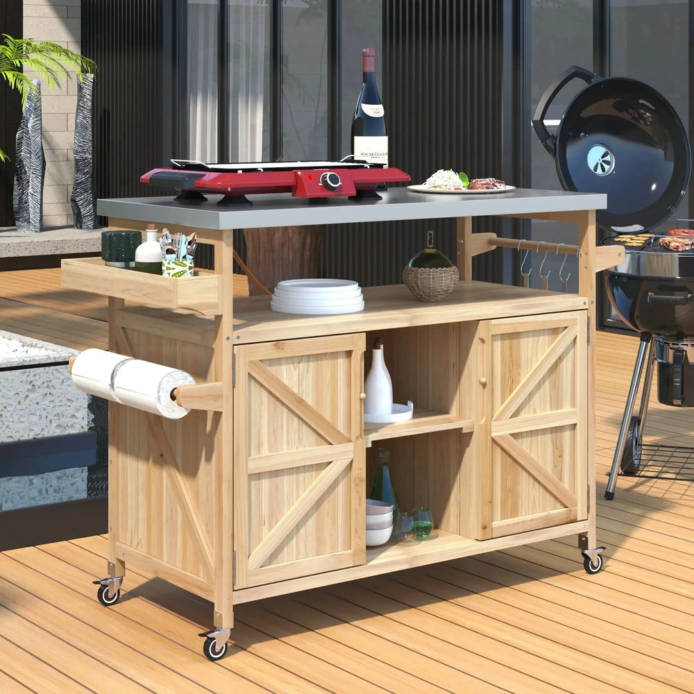 Outdoor Kitchen Island Solid Wood & Stainless Steel Top Rolling Cart Media 3