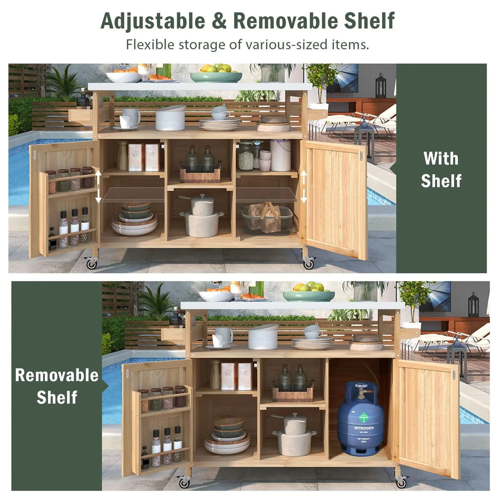 Outdoor Kitchen Island Solid Wood & Stainless Steel Top Rolling Cart Media 5