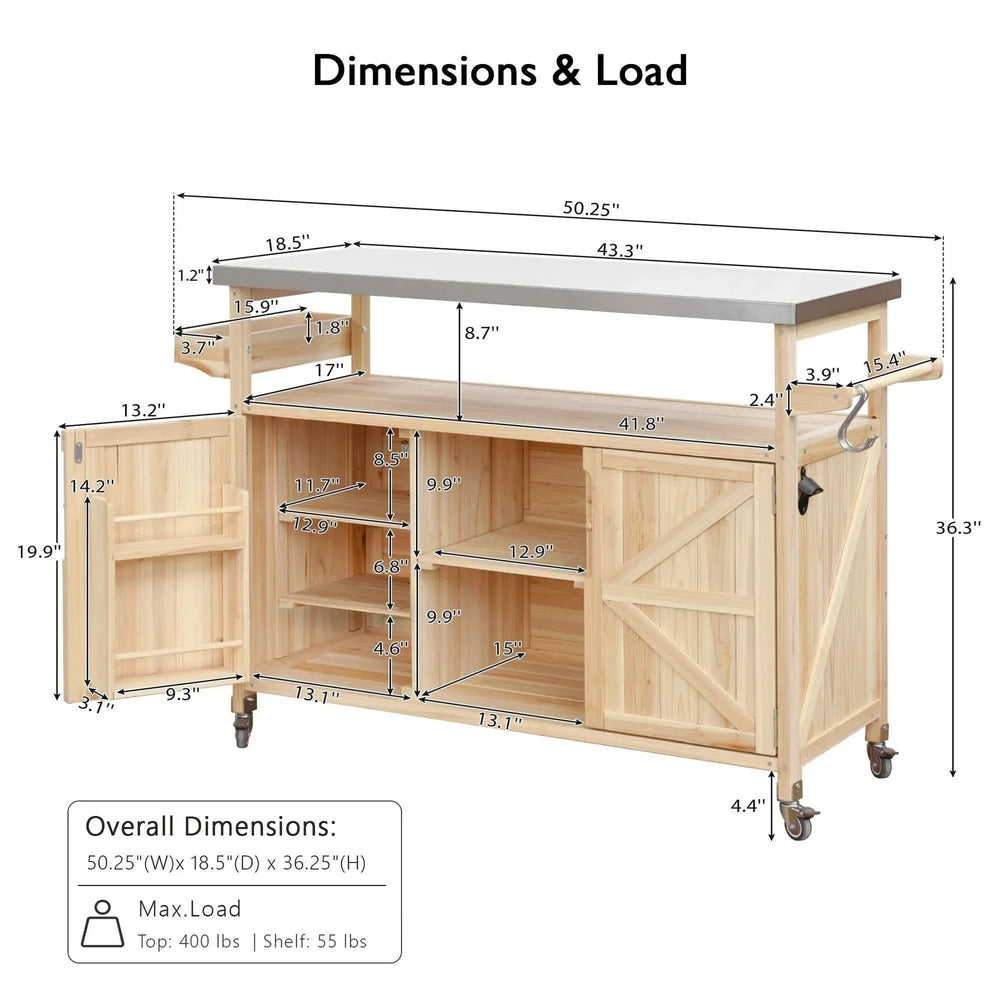 Outdoor Kitchen Island Solid Wood & Stainless Steel Top Rolling Cart Media 8