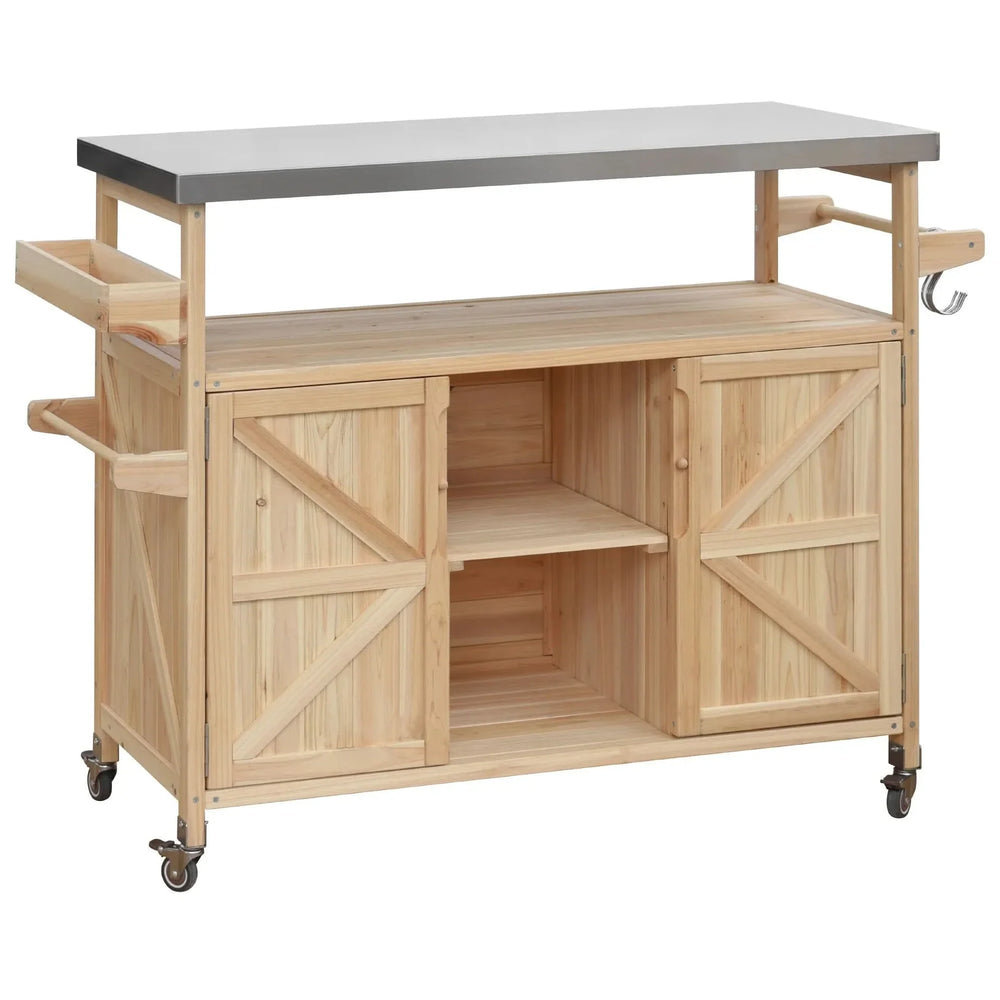 Outdoor Kitchen Island Solid Wood & Stainless Steel Top Rolling Cart Media 12