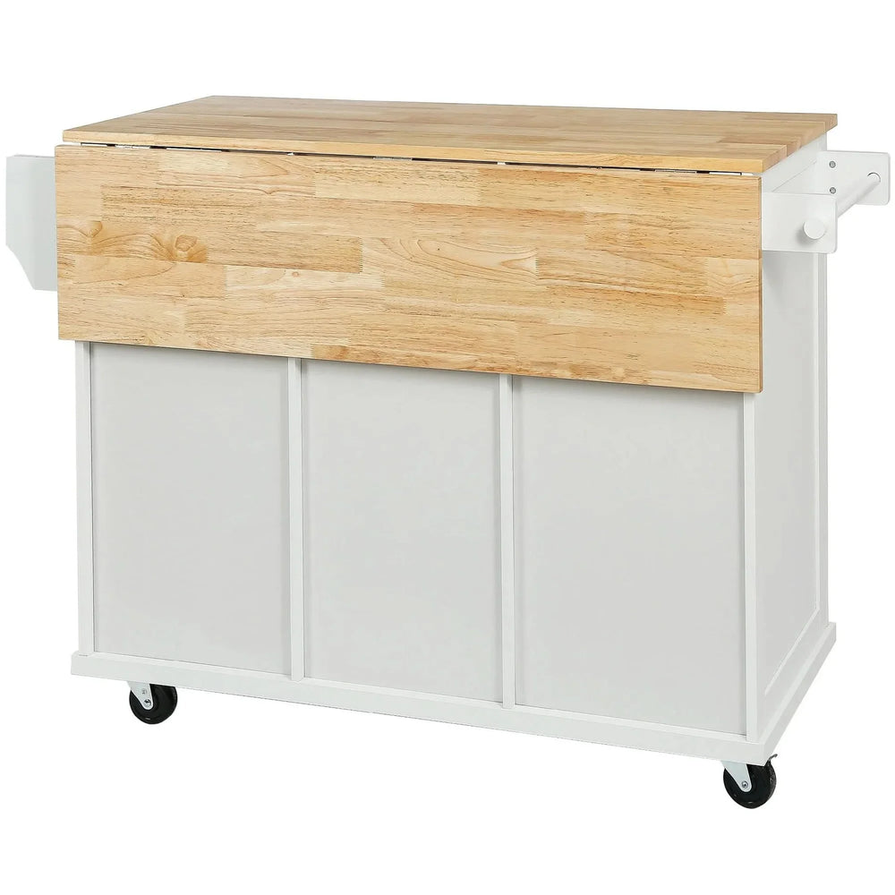 Kitchen Cart Rubber Wood Top On Wheels With Storage Cabinets & Drawers Media 14
