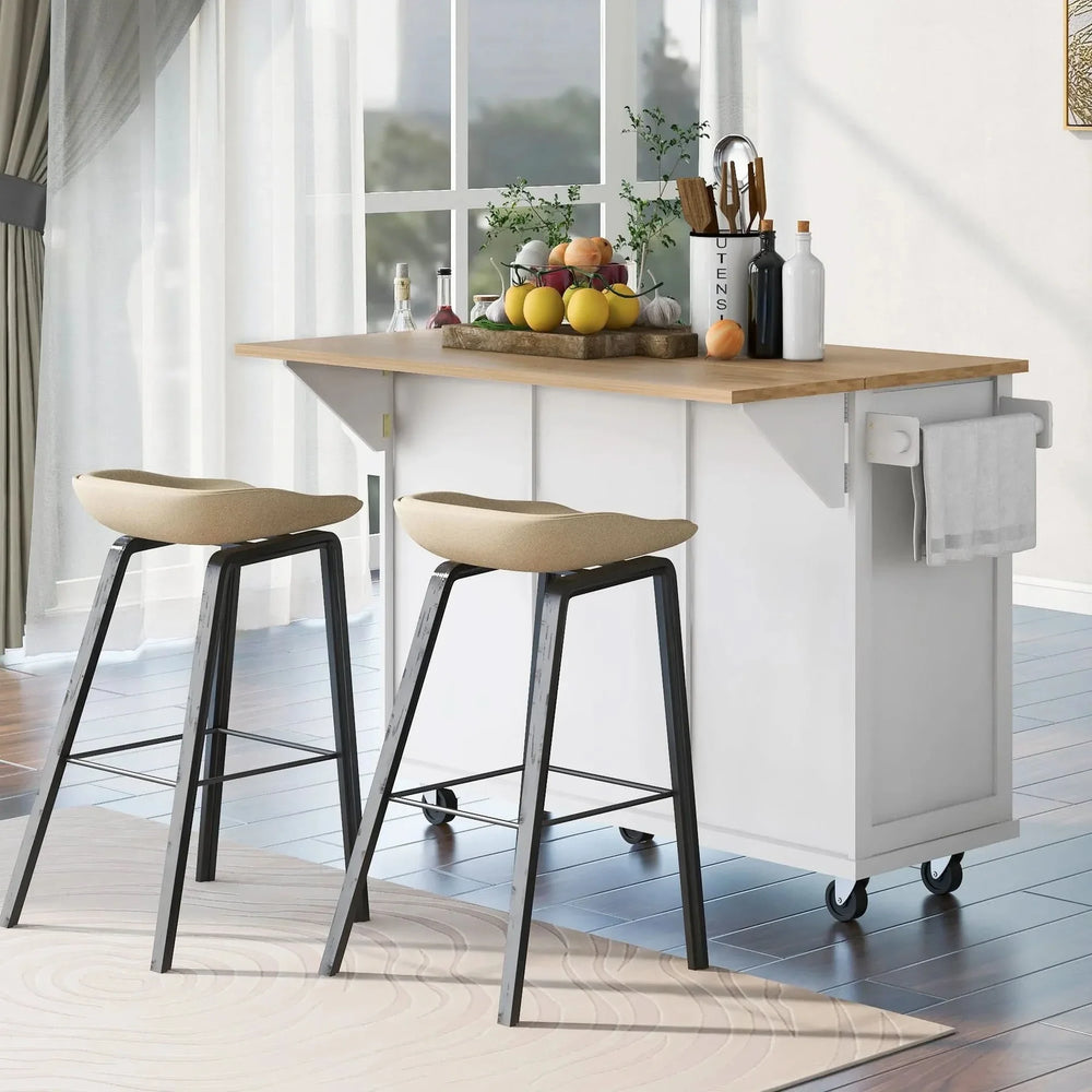 Kitchen Cart Rubber Wood Top On Wheels With Storage Cabinets & Drawers Media 3
