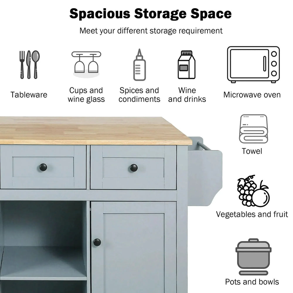 Kitchen Cart Rubber Wood Top & Drop Leaf & Storage Cabinet & 3 Drawers & 5 Wheels Media 6