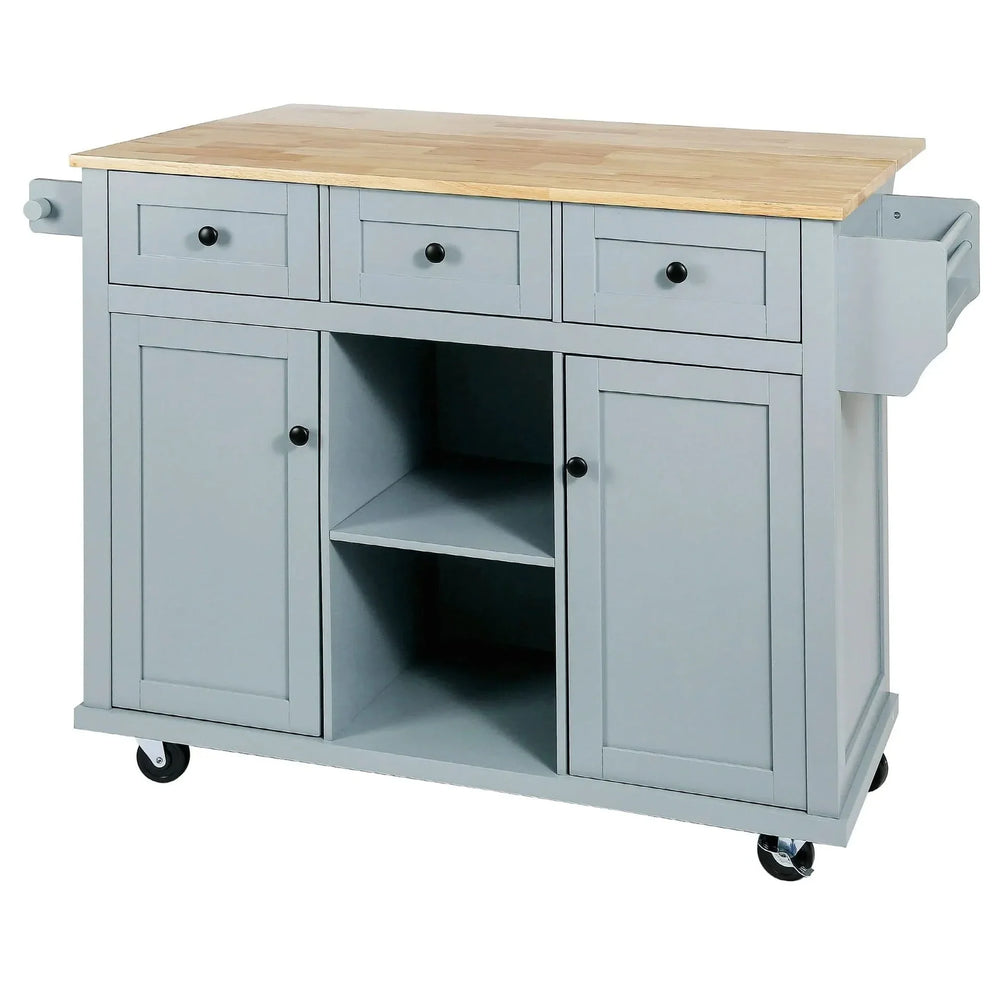 Kitchen Cart Rubber Wood Top & Drop Leaf & Storage Cabinet & 3 Drawers & 5 Wheels Media 11