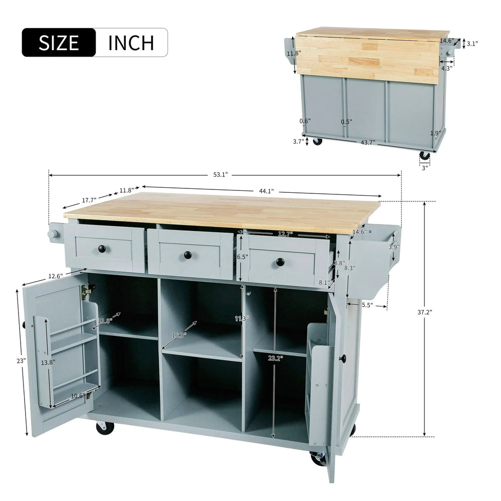 Kitchen Cart Rubber Wood Top & Drop Leaf & Storage Cabinet & 3 Drawers & 5 Wheels Media 9