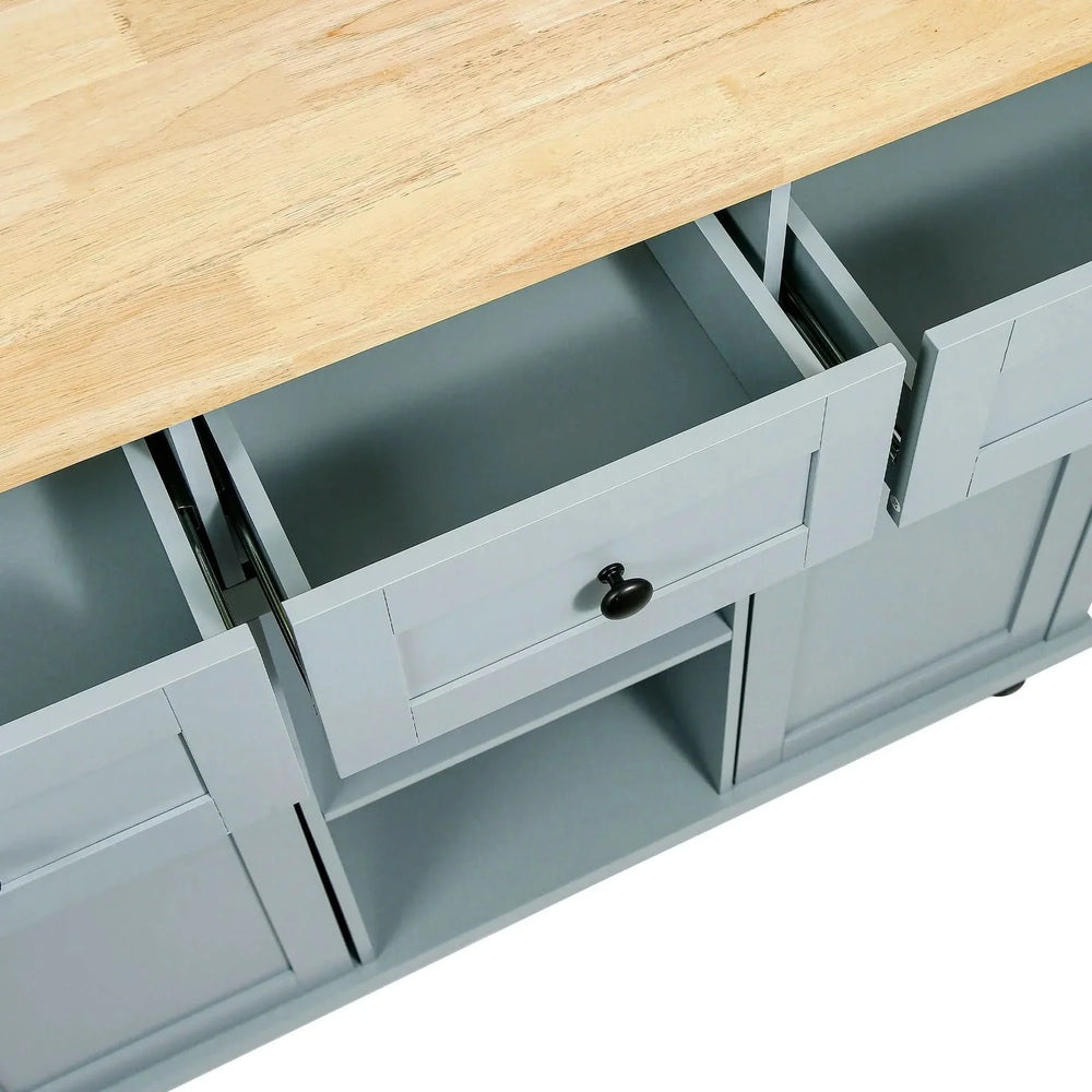 Kitchen Cart Rubber Wood Top & Drop Leaf & Storage Cabinet & 3 Drawers & 5 Wheels Media 16