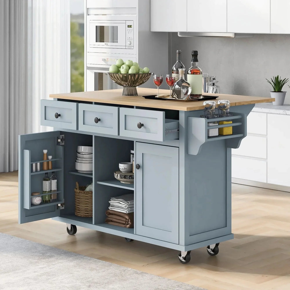 Kitchen Cart Rubber Wood Top & Drop Leaf & Storage Cabinet & 3 Drawers & 5 Wheels Media 2