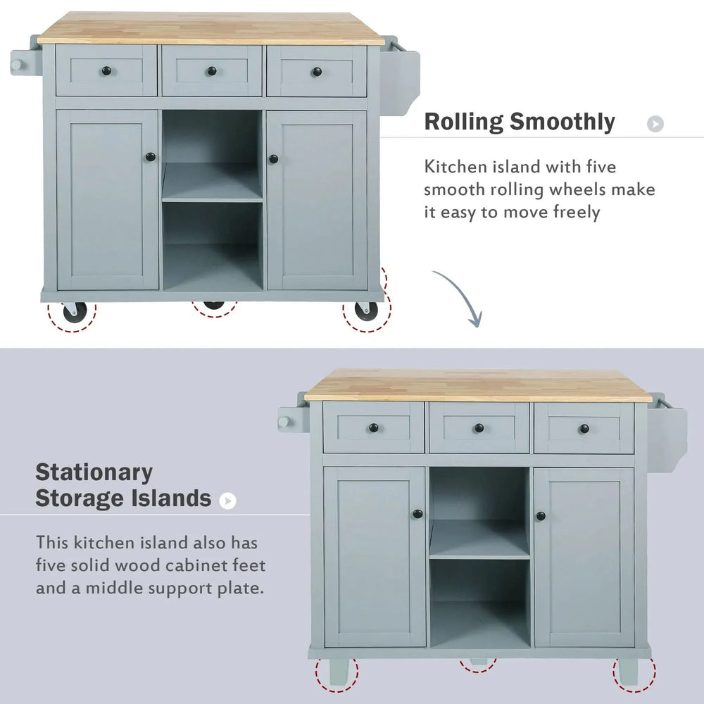 Kitchen Cart Rubber Wood Top & Drop Leaf & Storage Cabinet & 3 Drawers & 5 Wheels Media 7