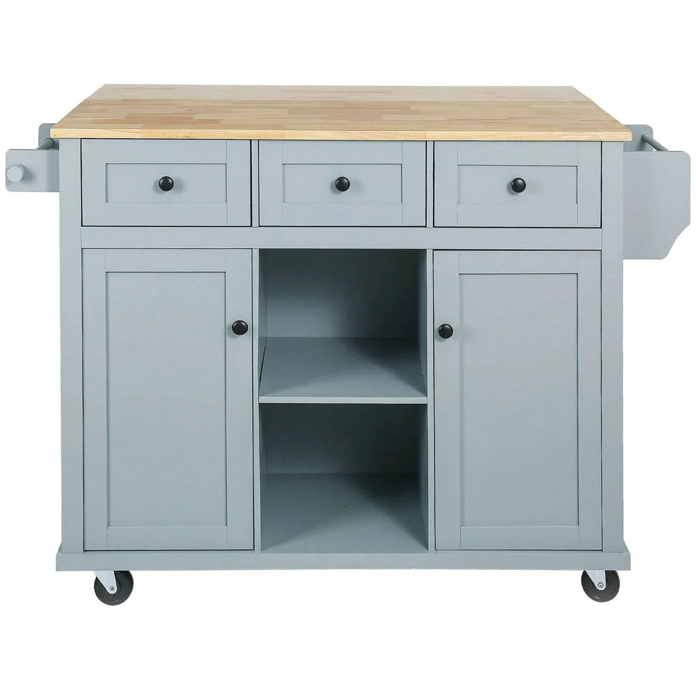 Kitchen Cart Rubber Wood Top & Drop Leaf & Storage Cabinet & 3 Drawers & 5 Wheels Media 10