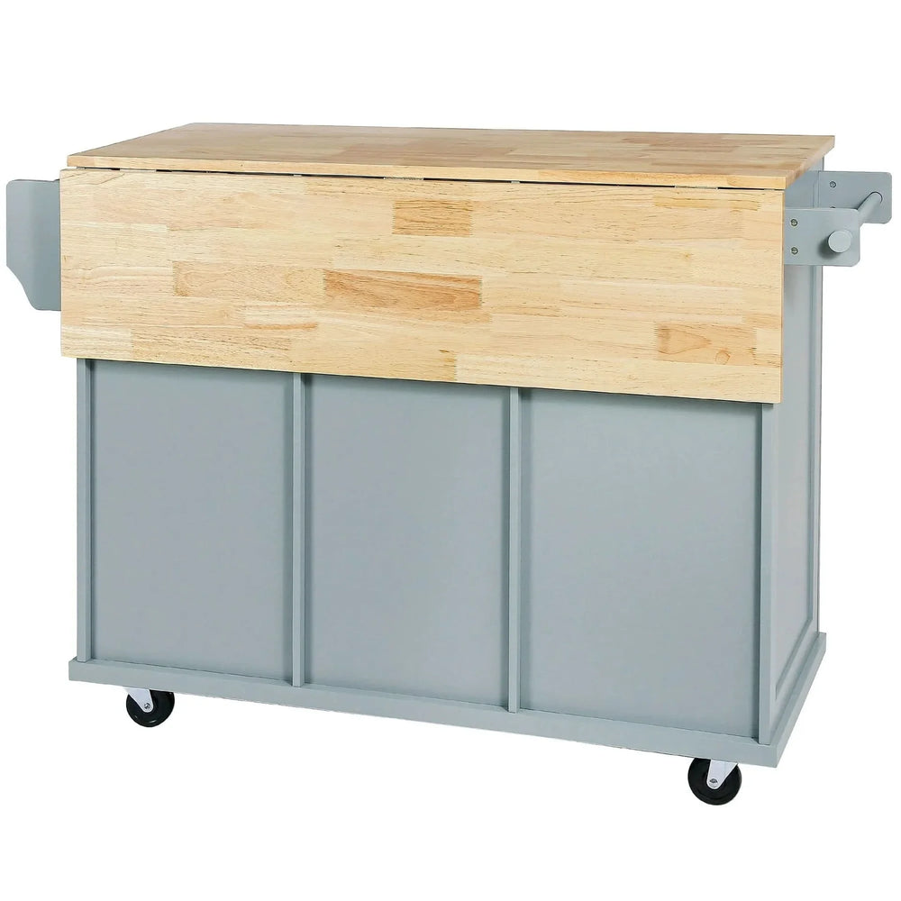 Kitchen Cart Rubber Wood Top & Drop Leaf & Storage Cabinet & 3 Drawers & 5 Wheels Media 14