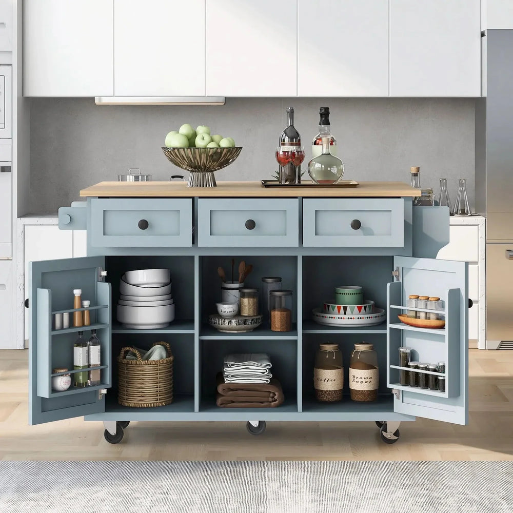 Kitchen Cart Rubber Wood Top & Drop Leaf & Storage Cabinet & 3 Drawers & 5 Wheels Media 1