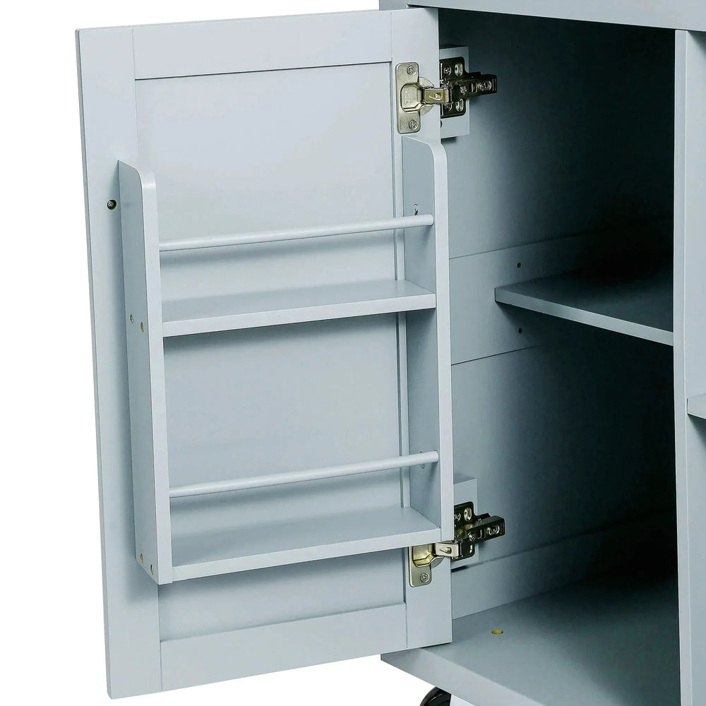 Kitchen Cart Rubber Wood Top & Drop Leaf & Storage Cabinet & 3 Drawers & 5 Wheels Media 15