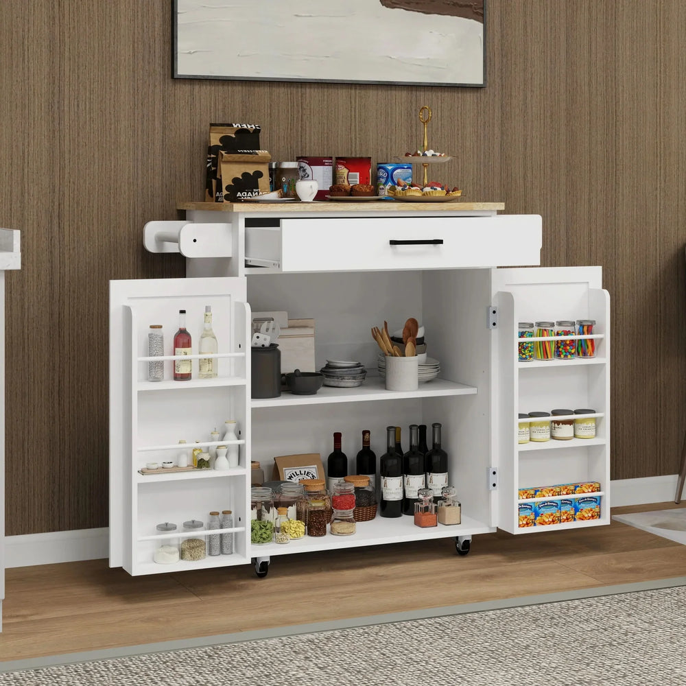 Kitchen Island Cart Solid Wood & MDF Top With Storage Shelves On Wheels White Media 4