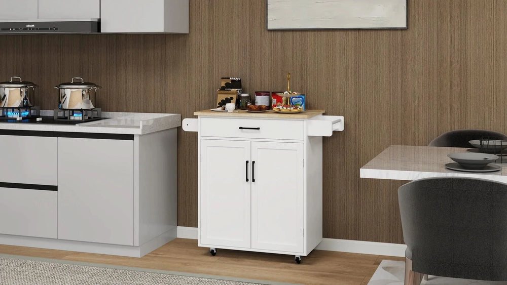 Kitchen Island Cart Solid Wood & MDF Top With Storage Shelves On Wheels White Media 11