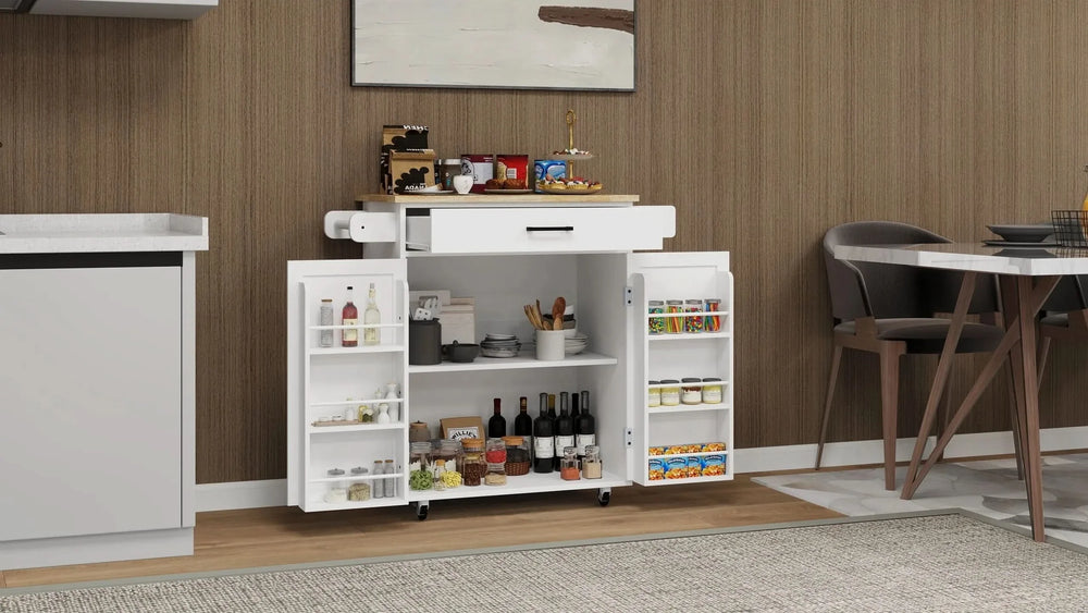 Kitchen Island Cart Solid Wood & MDF Top With Storage Shelves On Wheels White Media 13