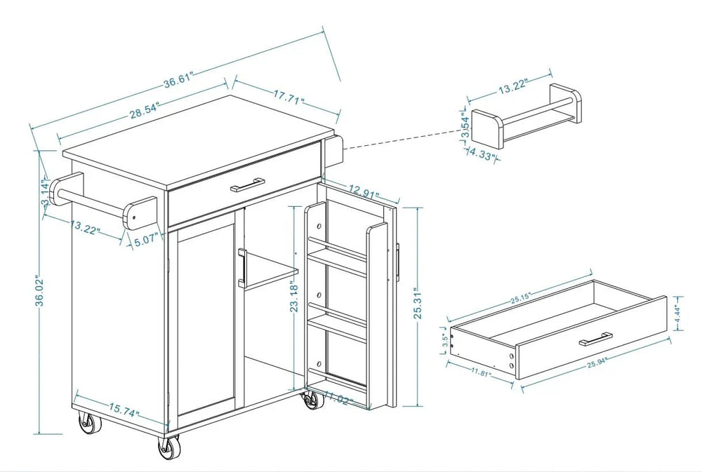 Kitchen Island Cart Solid Wood & MDF Top With Storage Shelves On Wheels White Media 16