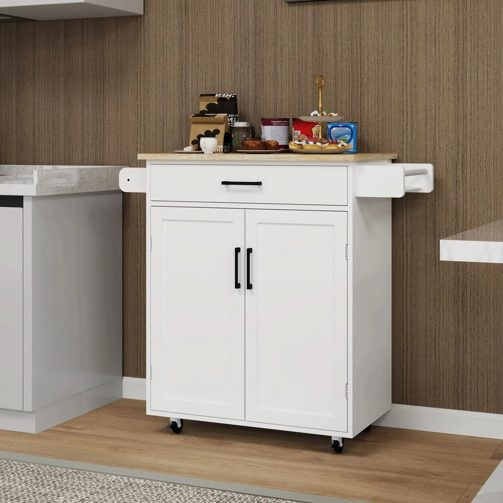 Kitchen Island Cart Solid Wood & MDF Top With Storage Shelves On Wheels White Media 1
