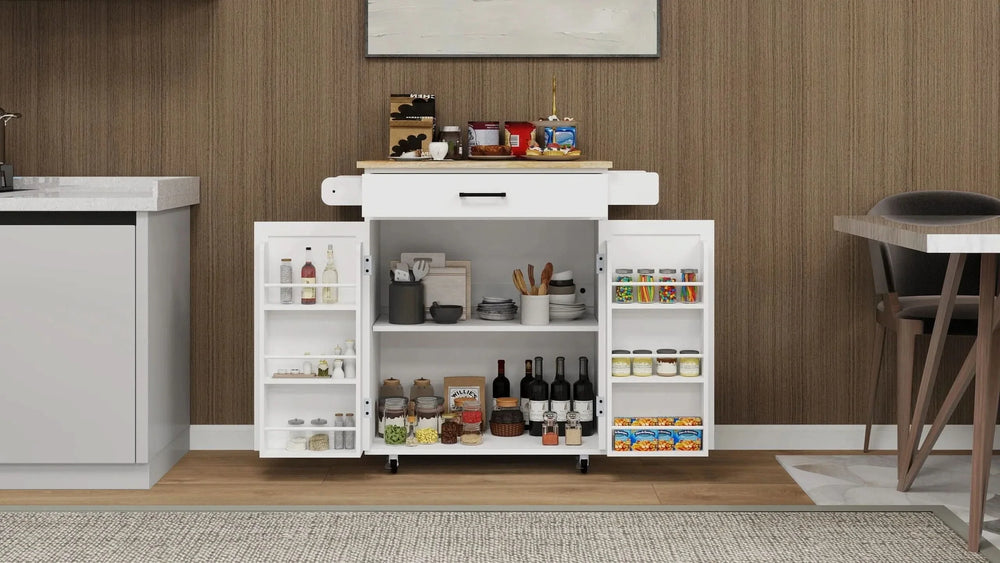 Kitchen Island Cart Solid Wood & MDF Top With Storage Shelves On Wheels White Media 12