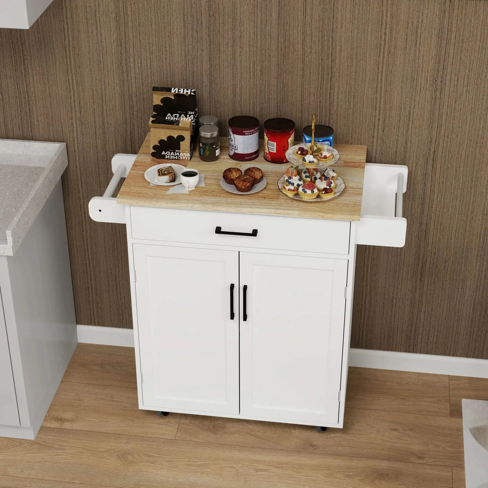 Kitchen Island Cart Solid Wood & MDF Top With Storage Shelves On Wheels White Media 6
