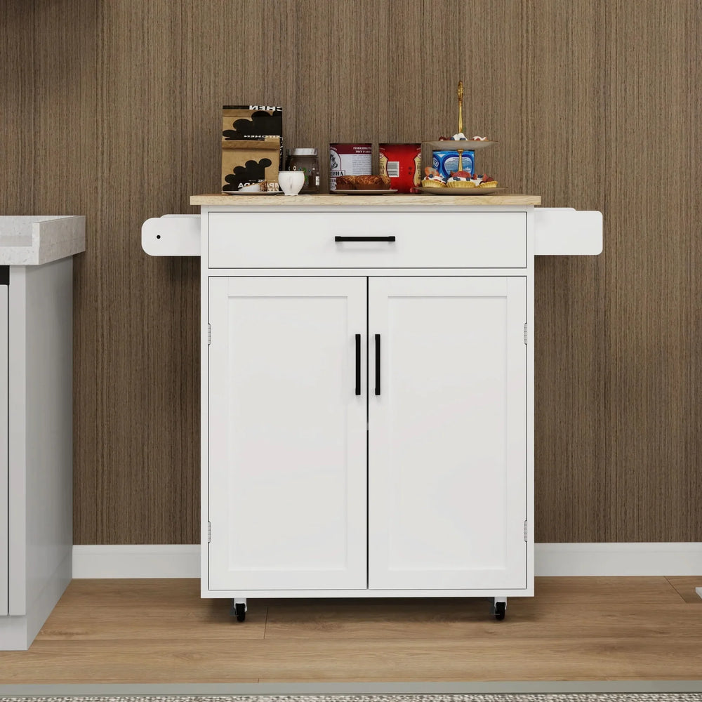 Kitchen Island Cart Solid Wood & MDF Top With Storage Shelves On Wheels White Media 2