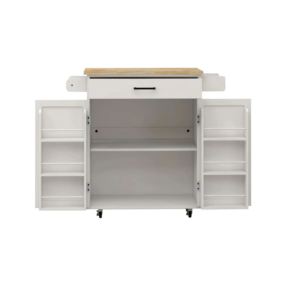 Kitchen Island Cart Solid Wood & MDF Top With Storage Shelves On Wheels White Media 15