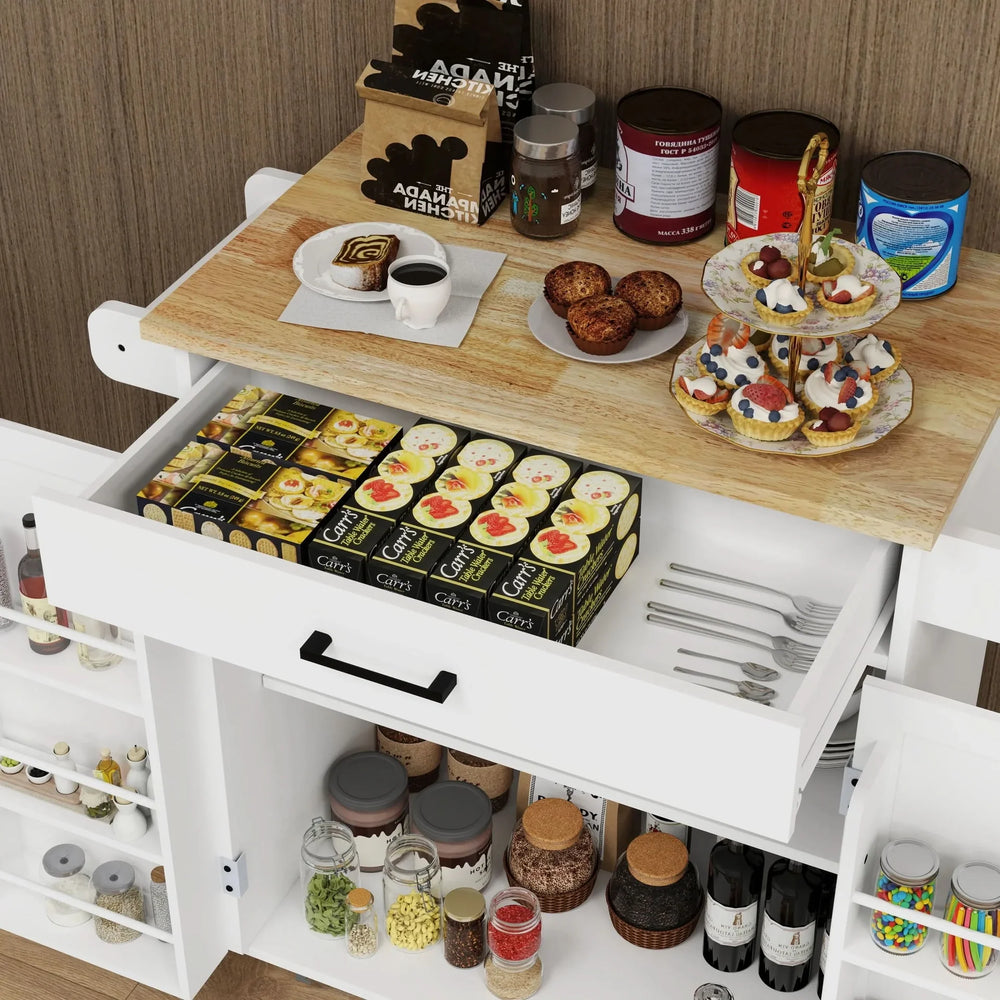 Kitchen Island Cart Solid Wood & MDF Top With Storage Shelves On Wheels White Media 8