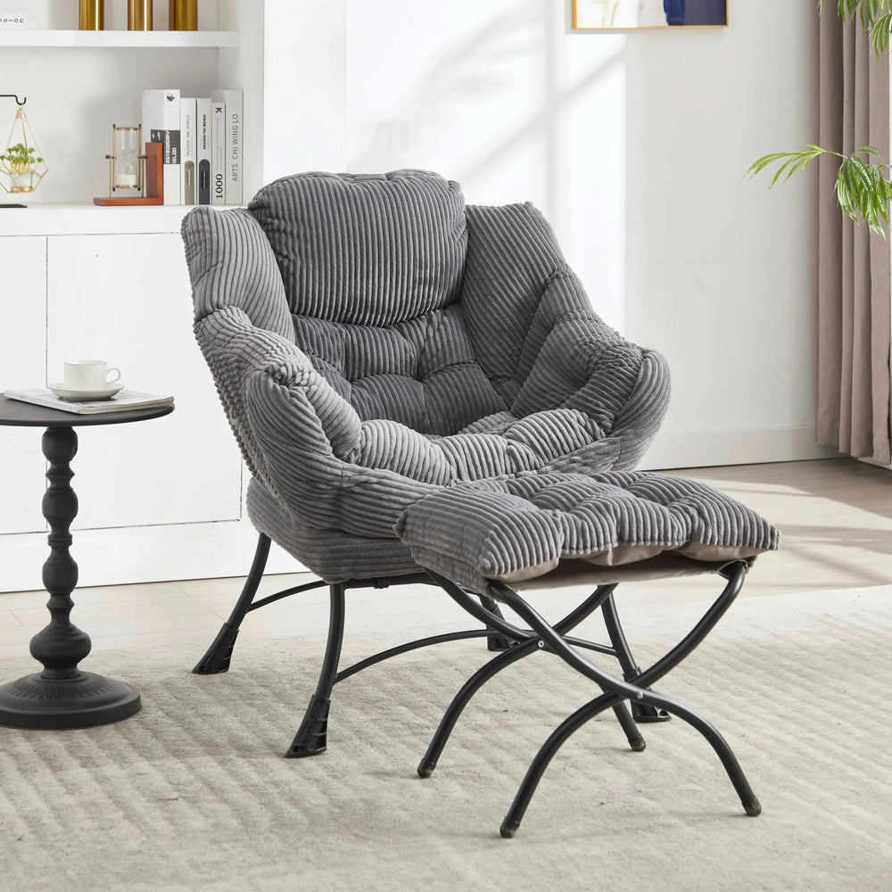 Lazy Chair with Ottoman, Modern Lounge Accent Chair with Armrests and a Side Pocket, Leisure Upholstered Sofa Chair Reading Chair with Footrest for Small Space, Corner Chair-Grey Media 7